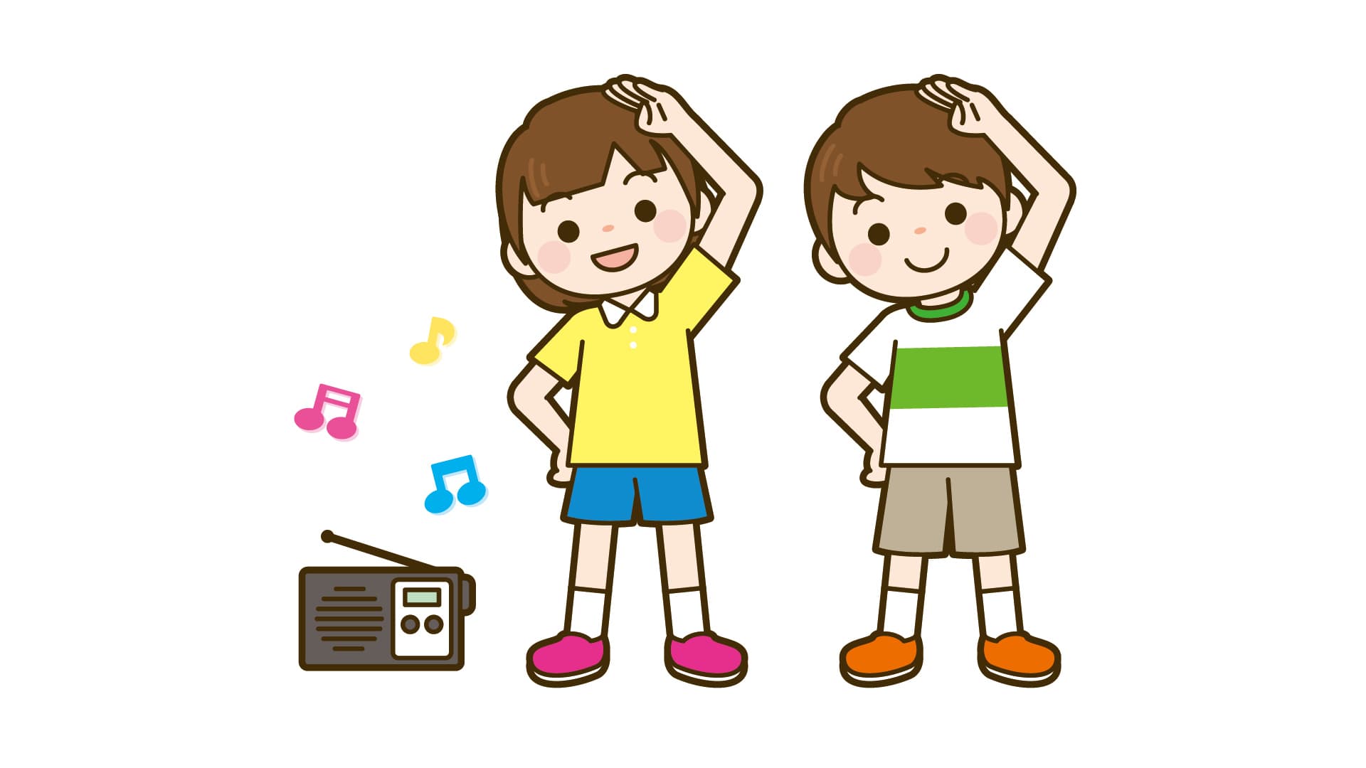 ラジオ体操をしている男女の子どものイラスト
